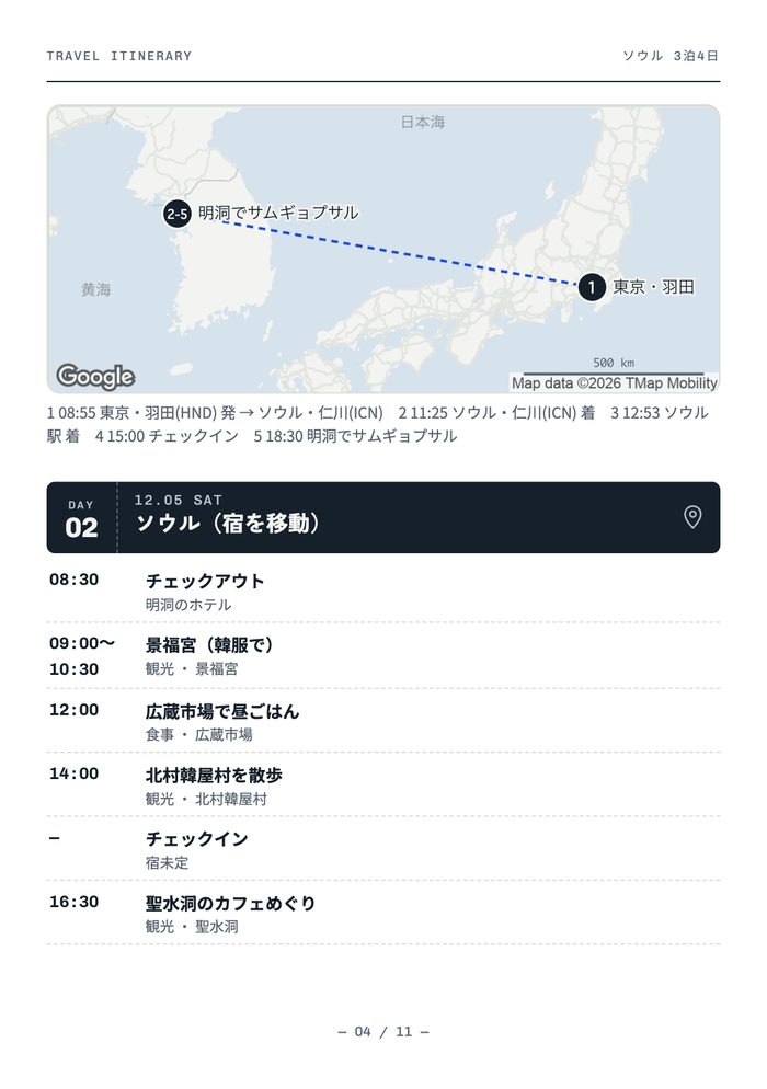 しおりの日ごとのページ(予定と地図)